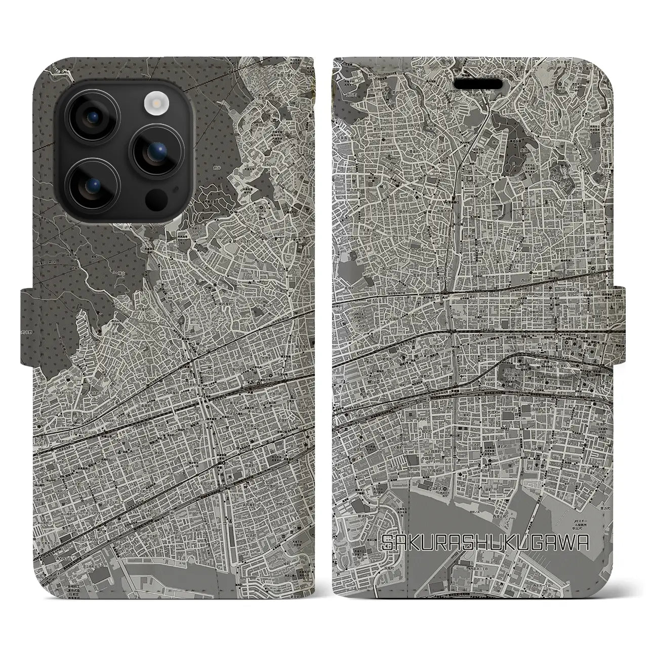 【さくら夙川(兵庫県)】地図柄iPhoneケース(手帳タイプ)モノトーン・iPhone 16 用
