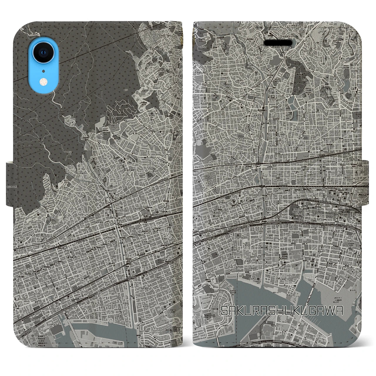 【さくら夙川(兵庫県)】地図柄iPhoneケース(手帳タイプ)モノトーン・iPhone XR 用