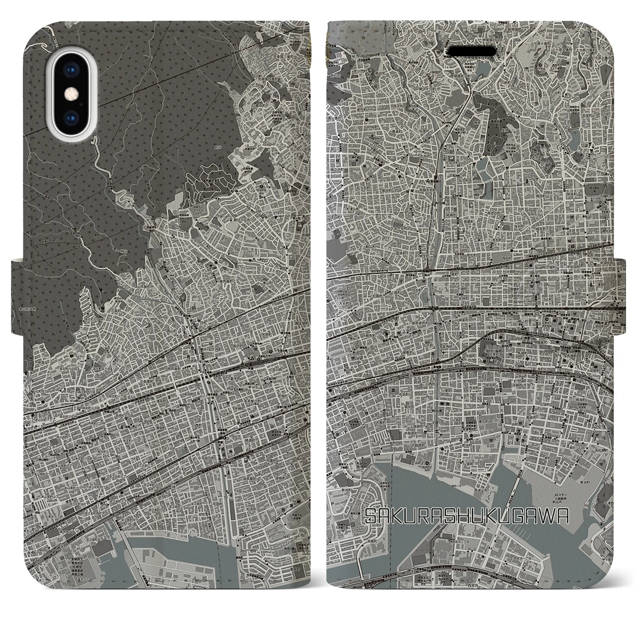 【さくら夙川(兵庫県)】地図柄iPhoneケース(手帳タイプ)モノトーン・iPhone XS Max 用