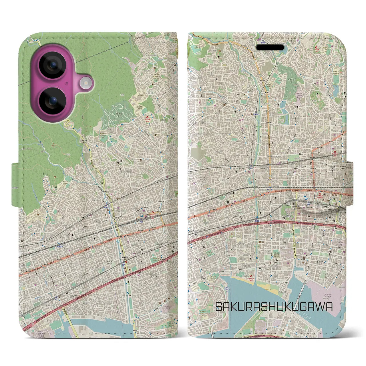 【さくら夙川(兵庫県)】地図柄iPhoneケース(手帳タイプ)ナチュラル・iPhone 16 Pro 用