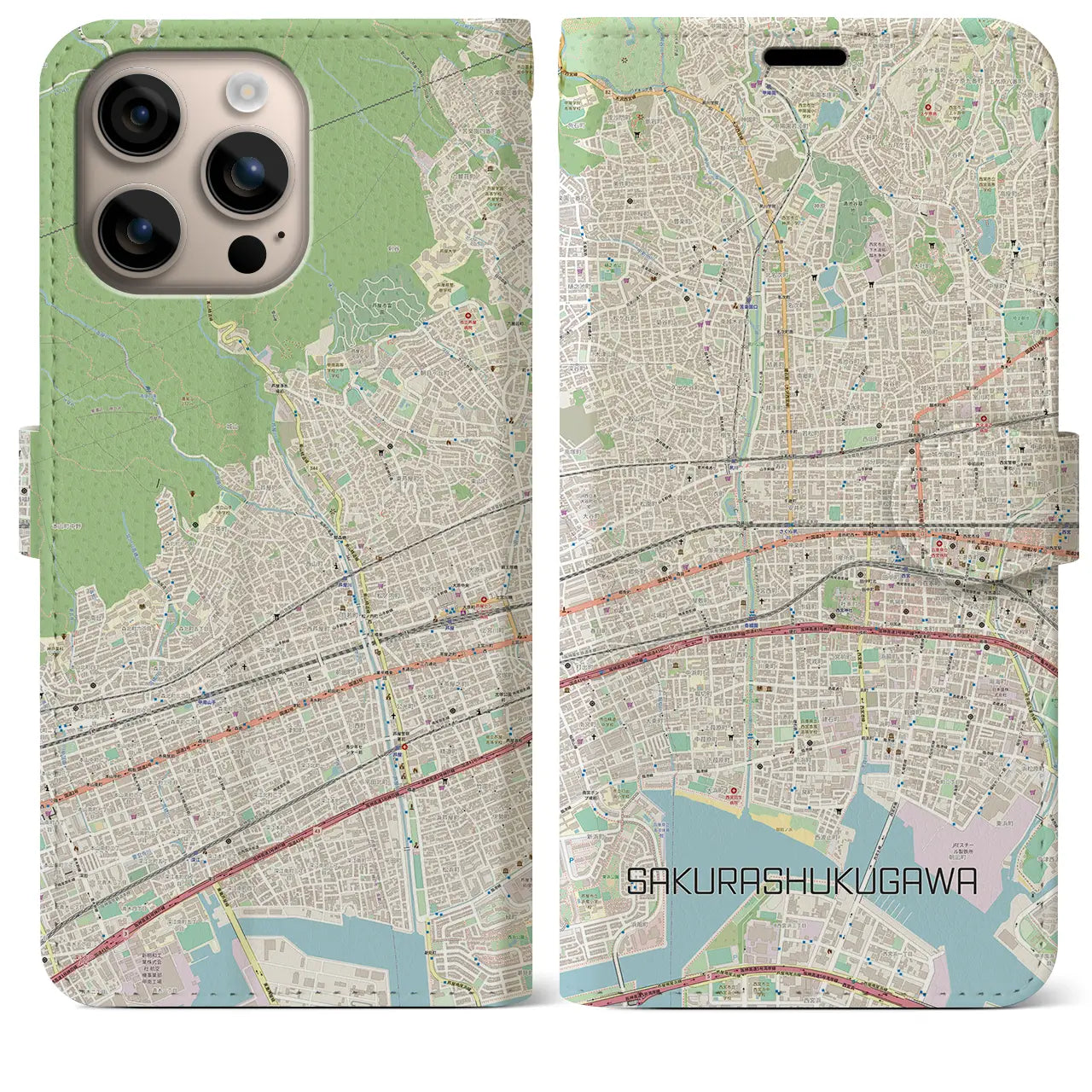 【さくら夙川(兵庫県)】地図柄iPhoneケース(手帳タイプ)ナチュラル・iPhone 16 Plus 用