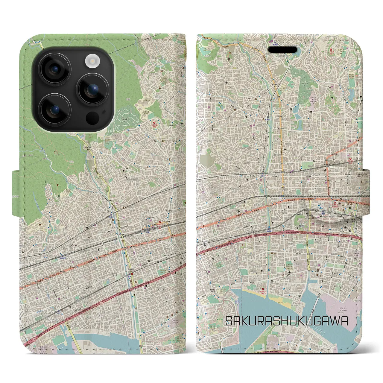 【さくら夙川(兵庫県)】地図柄iPhoneケース(手帳タイプ)ナチュラル・iPhone 16 用