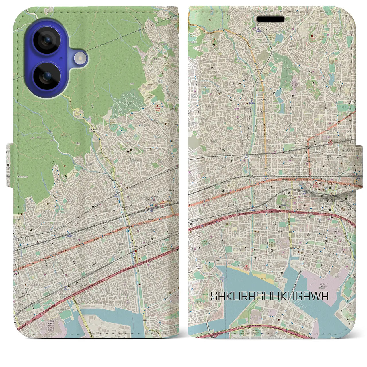 【さくら夙川(兵庫県)】地図柄iPhoneケース(手帳タイプ)ナチュラル・iPhone 16 Pro Max 用