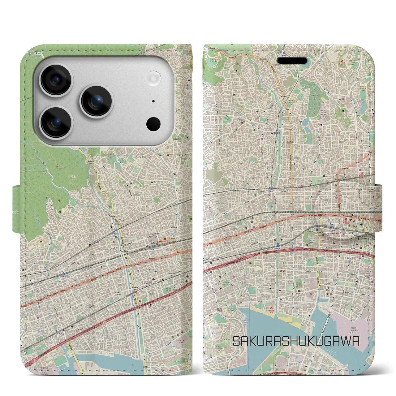 【さくら夙川(兵庫県)】地図柄iPhoneケース(手帳タイプ)モノトーン・iPhone 17 Pro Max 用