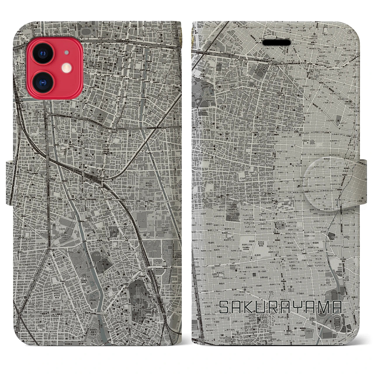【桜山(愛知県)】地図柄iPhoneケース(手帳タイプ)モノトーン・iPhone 11 用