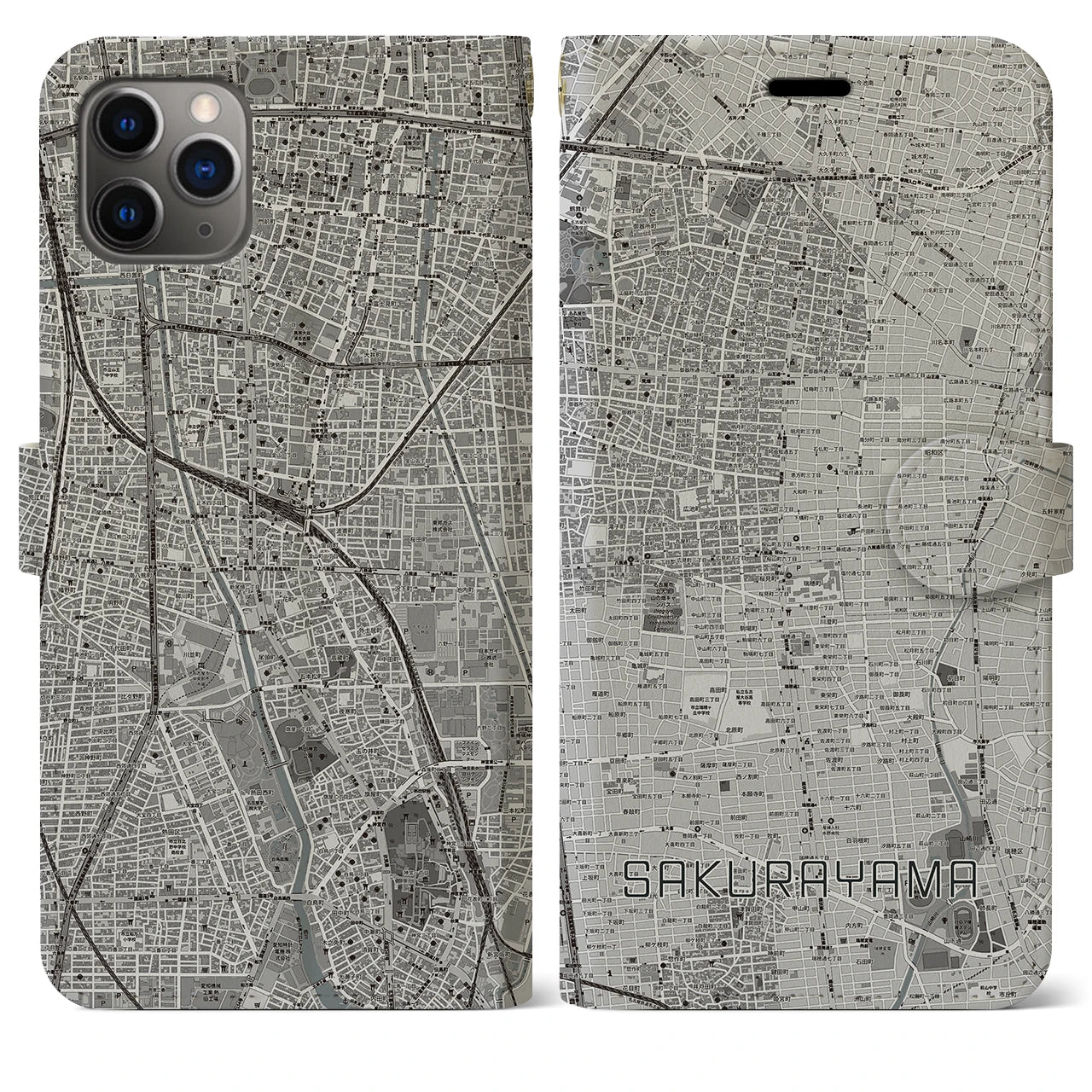 【桜山(愛知県)】地図柄iPhoneケース(手帳タイプ)モノトーン・iPhone 11 Pro Max 用