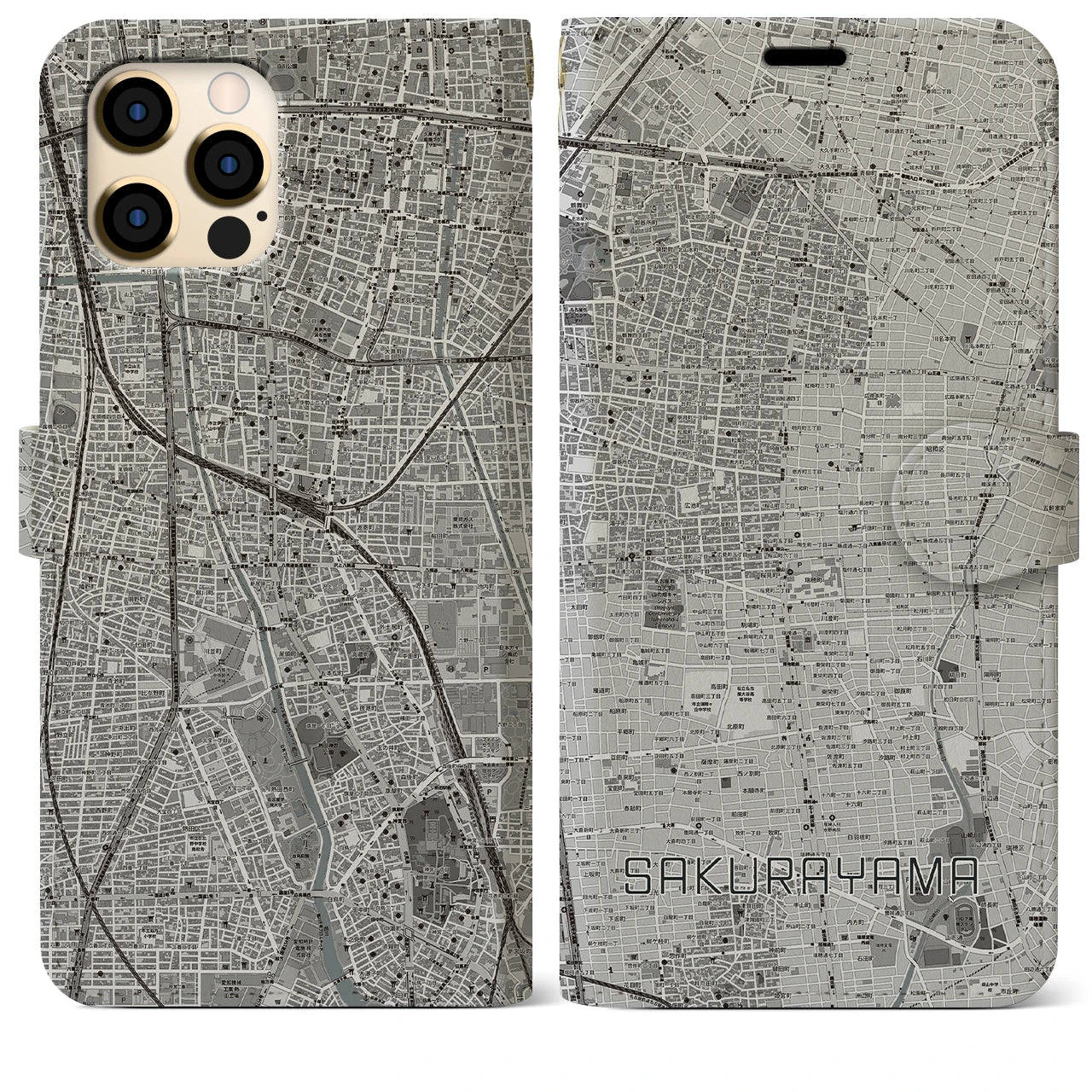 【桜山(愛知県)】地図柄iPhoneケース(手帳タイプ)モノトーン・iPhone 12 Pro Max 用