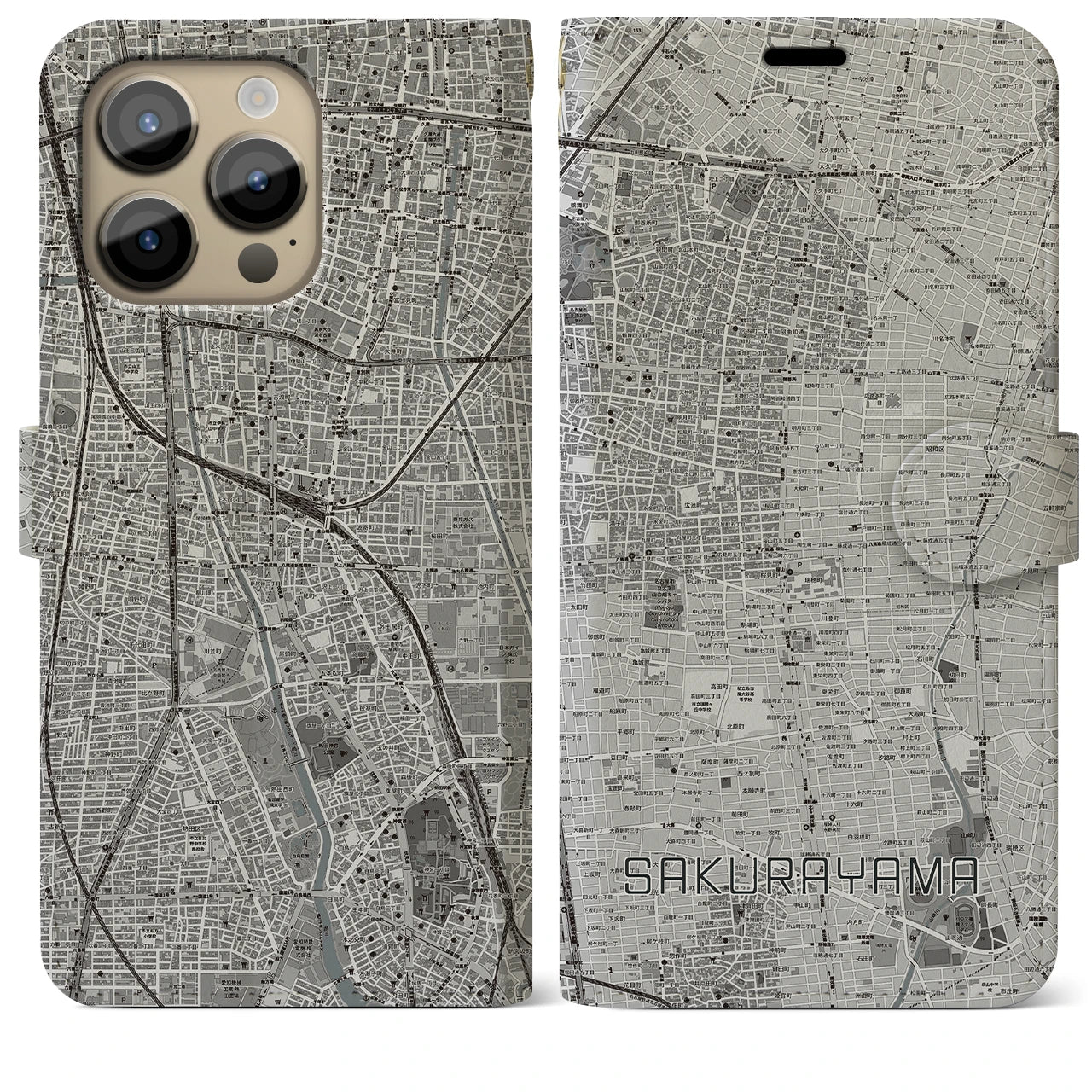【桜山(愛知県)】地図柄iPhoneケース(手帳タイプ)モノトーン・iPhone 14 Pro Max 用