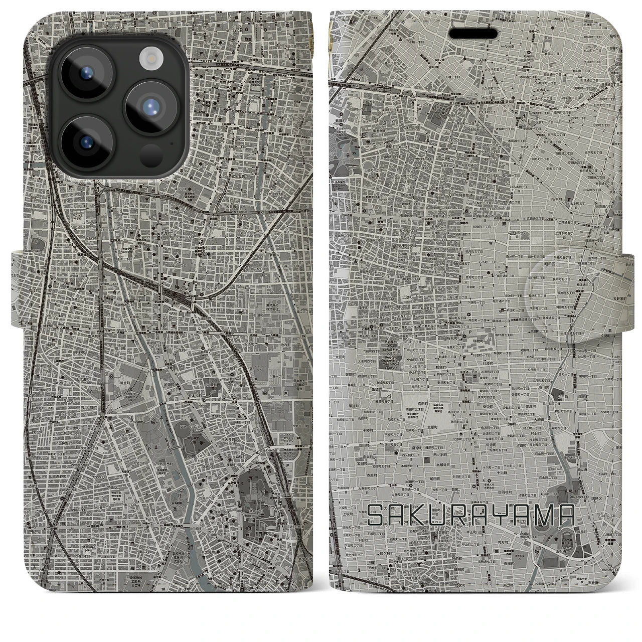 【桜山(愛知県)】地図柄iPhoneケース(手帳タイプ)モノトーン・iPhone 15 Pro Max 用