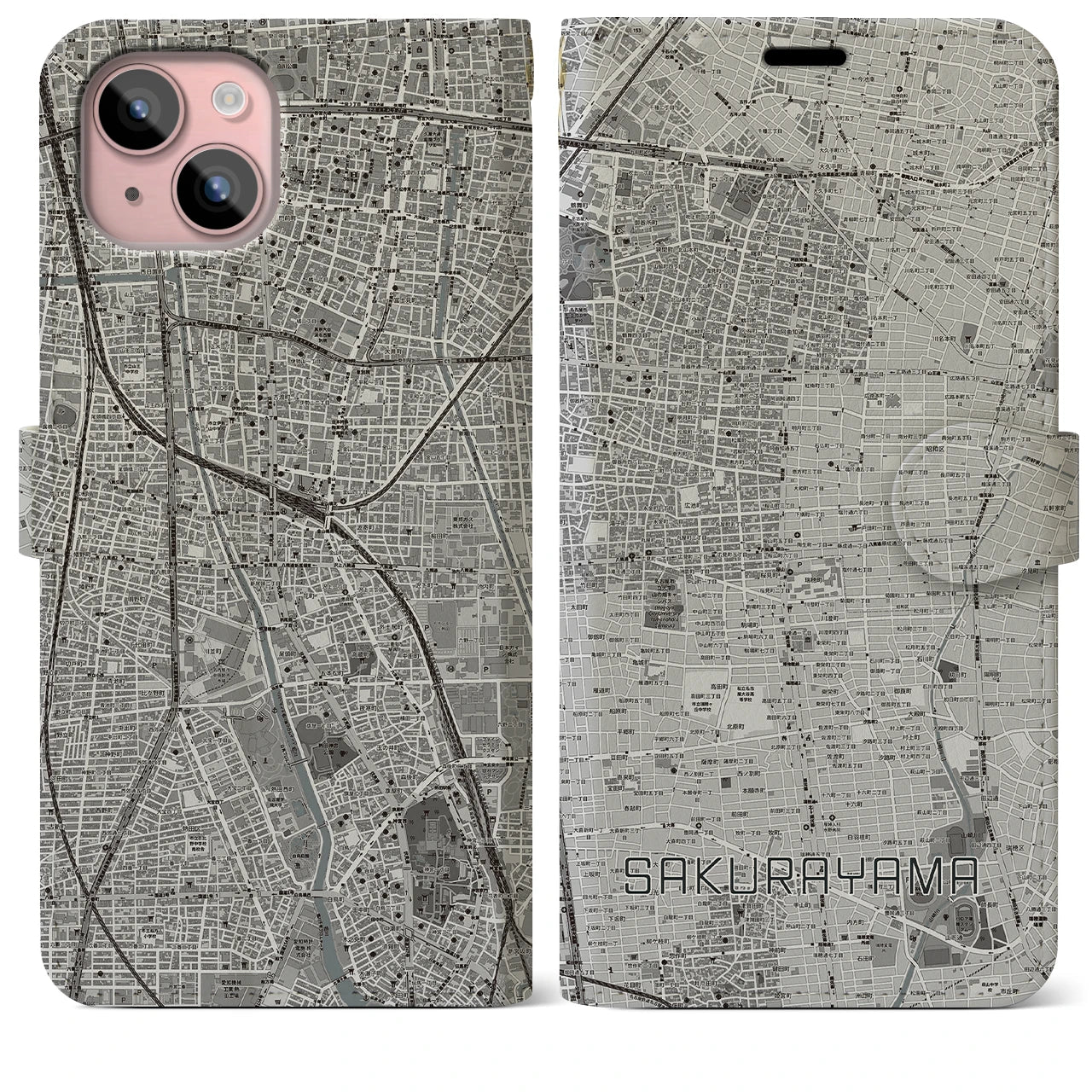 【桜山(愛知県)】地図柄iPhoneケース(手帳タイプ)モノトーン・iPhone 15 Plus 用