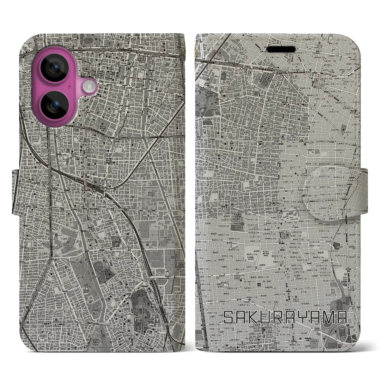 【桜山(愛知県)】地図柄iPhoneケース(手帳タイプ)モノトーン・iPhone 16 Pro 用