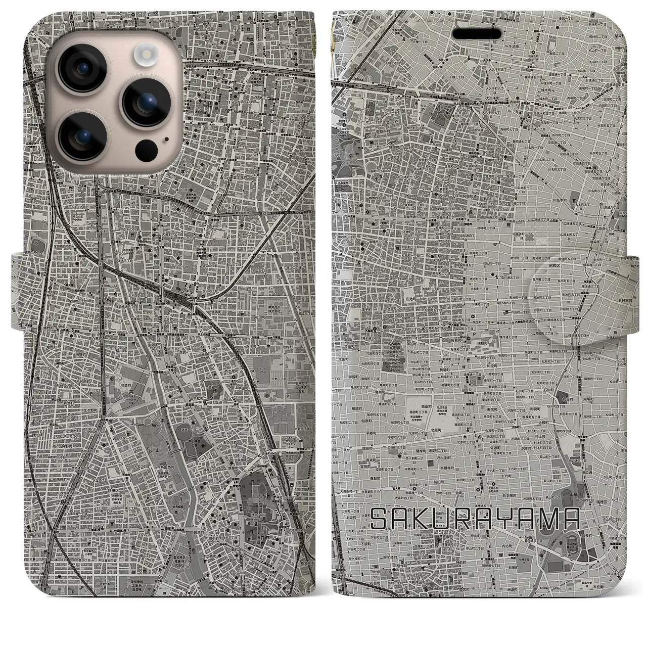 【桜山(愛知県)】地図柄iPhoneケース(手帳タイプ)モノトーン・iPhone 16 Plus 用