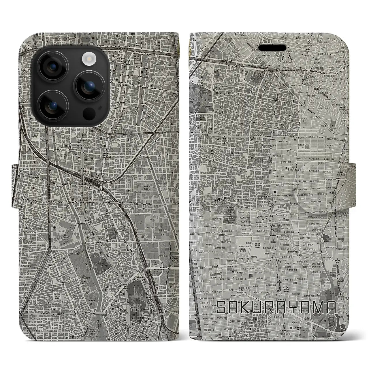 【桜山(愛知県)】地図柄iPhoneケース(手帳タイプ)モノトーン・iPhone 16 用