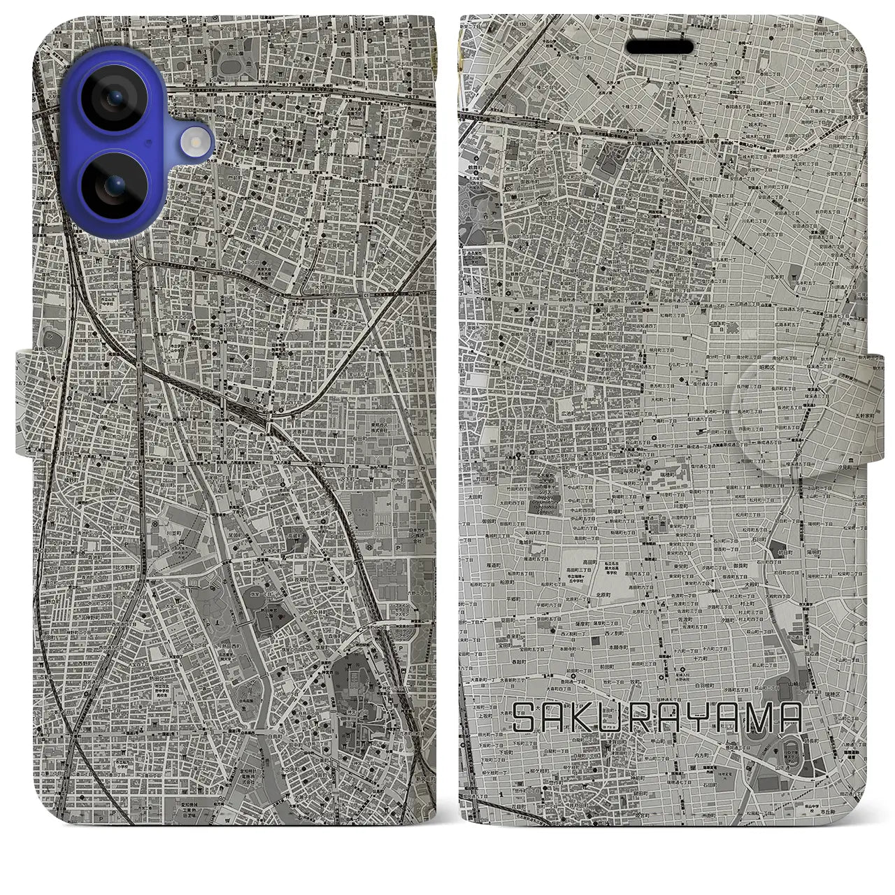 【桜山(愛知県)】地図柄iPhoneケース(手帳タイプ)モノトーン・iPhone 16 Pro Max 用