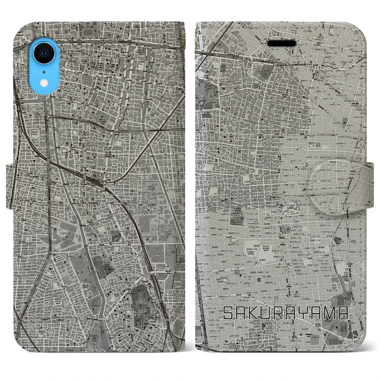 【桜山(愛知県)】地図柄iPhoneケース(手帳タイプ)モノトーン・iPhone XR 用