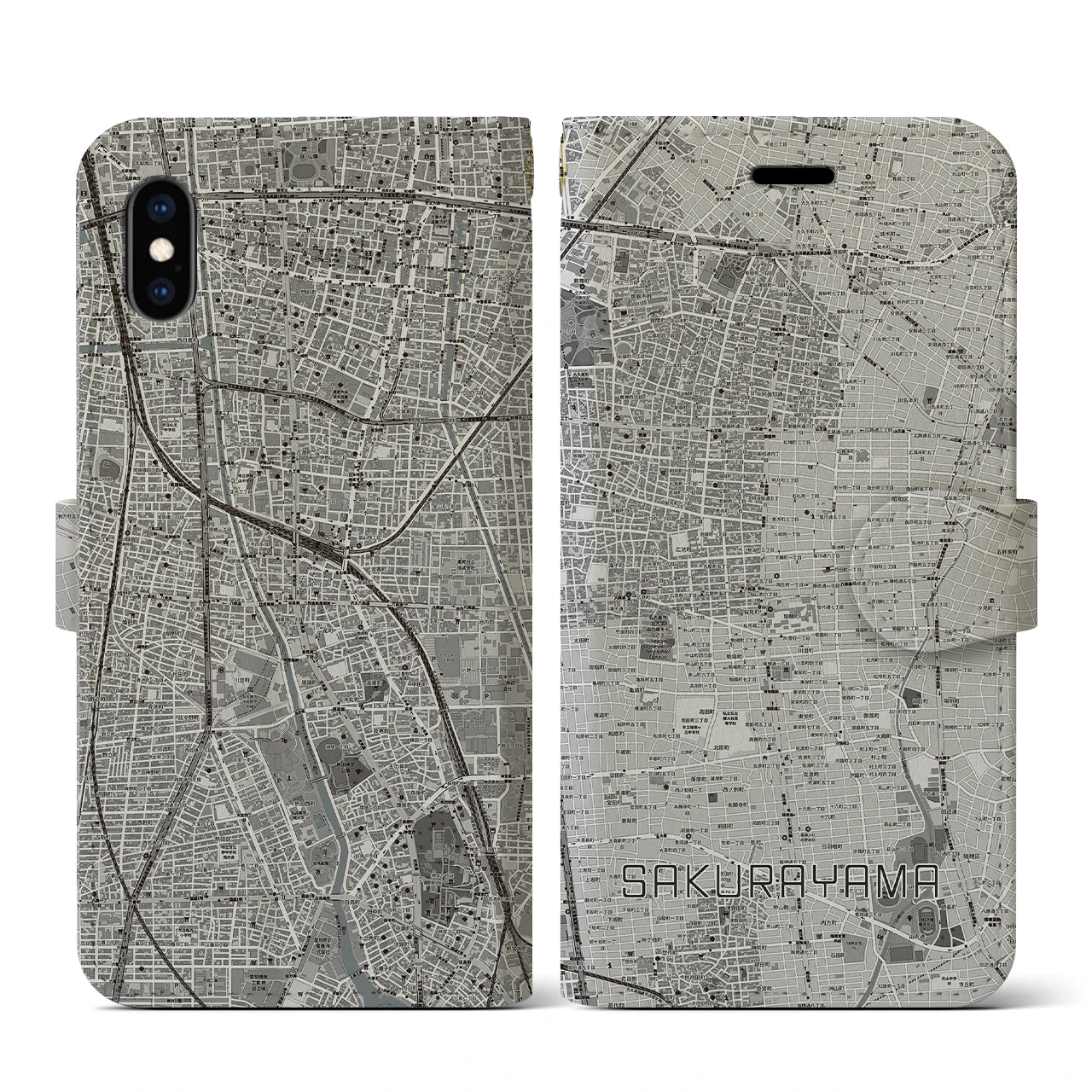 【桜山(愛知県)】地図柄iPhoneケース(手帳タイプ)モノトーン・iPhone XS / X 用