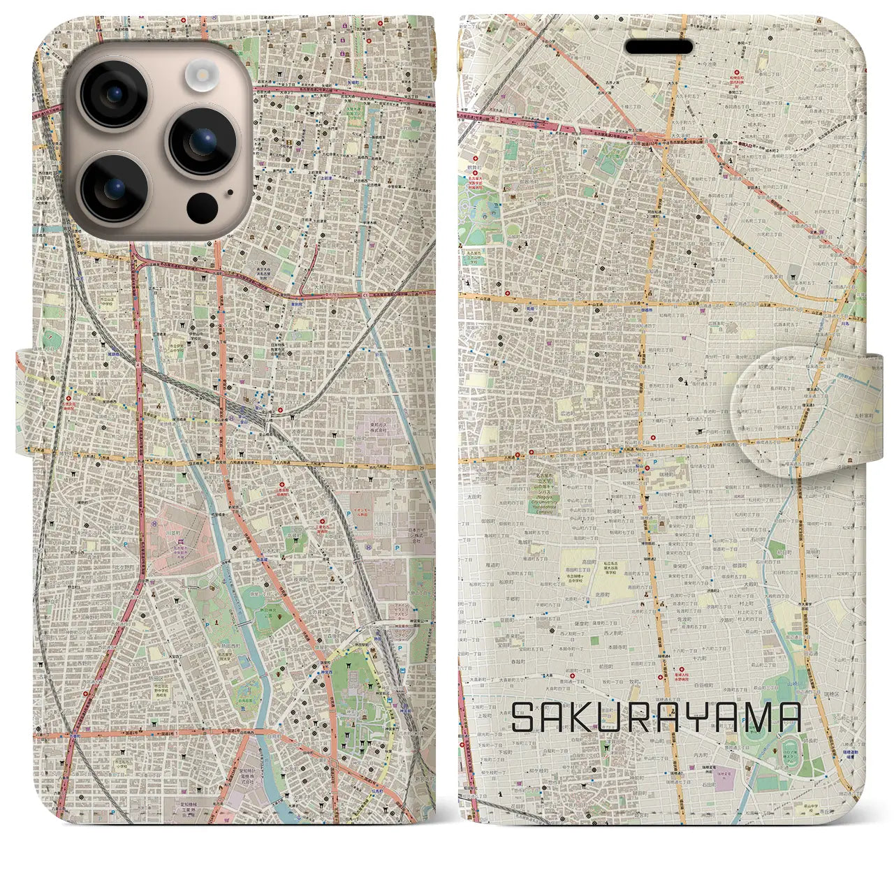 【桜山(愛知県)】地図柄iPhoneケース(手帳タイプ)ナチュラル・iPhone 16 Plus 用