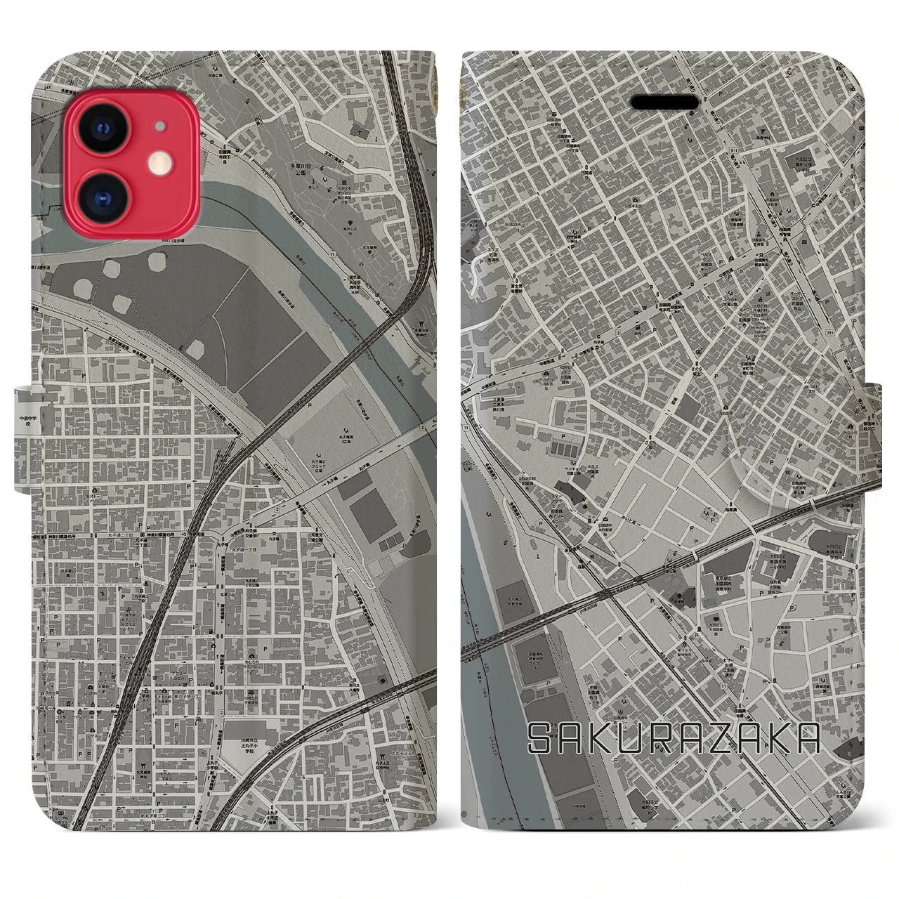 【桜坂(東京都)】地図柄iPhoneケース(手帳タイプ)モノトーン・iPhone 11 用