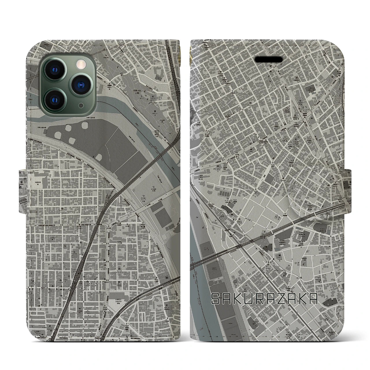 【桜坂(東京都)】地図柄iPhoneケース(手帳タイプ)モノトーン・iPhone 11 Pro 用