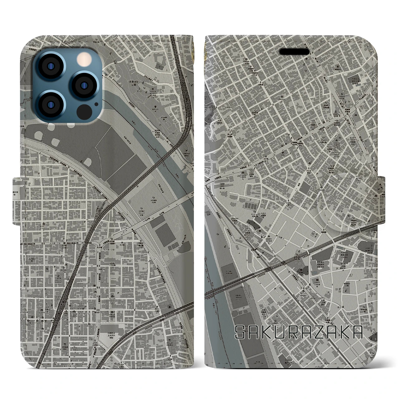 【桜坂(東京都)】地図柄iPhoneケース(手帳タイプ)モノトーン・iPhone 12 / 12 Pro 用