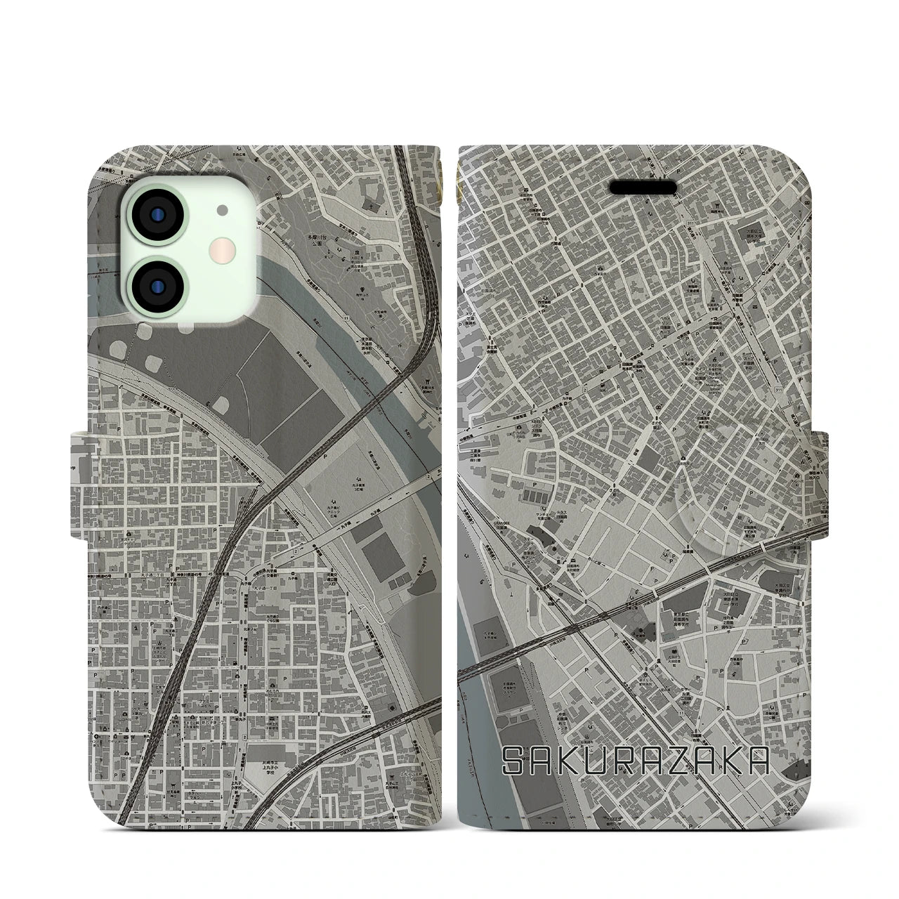 【桜坂(東京都)】地図柄iPhoneケース(手帳タイプ)モノトーン・iPhone 12 mini 用