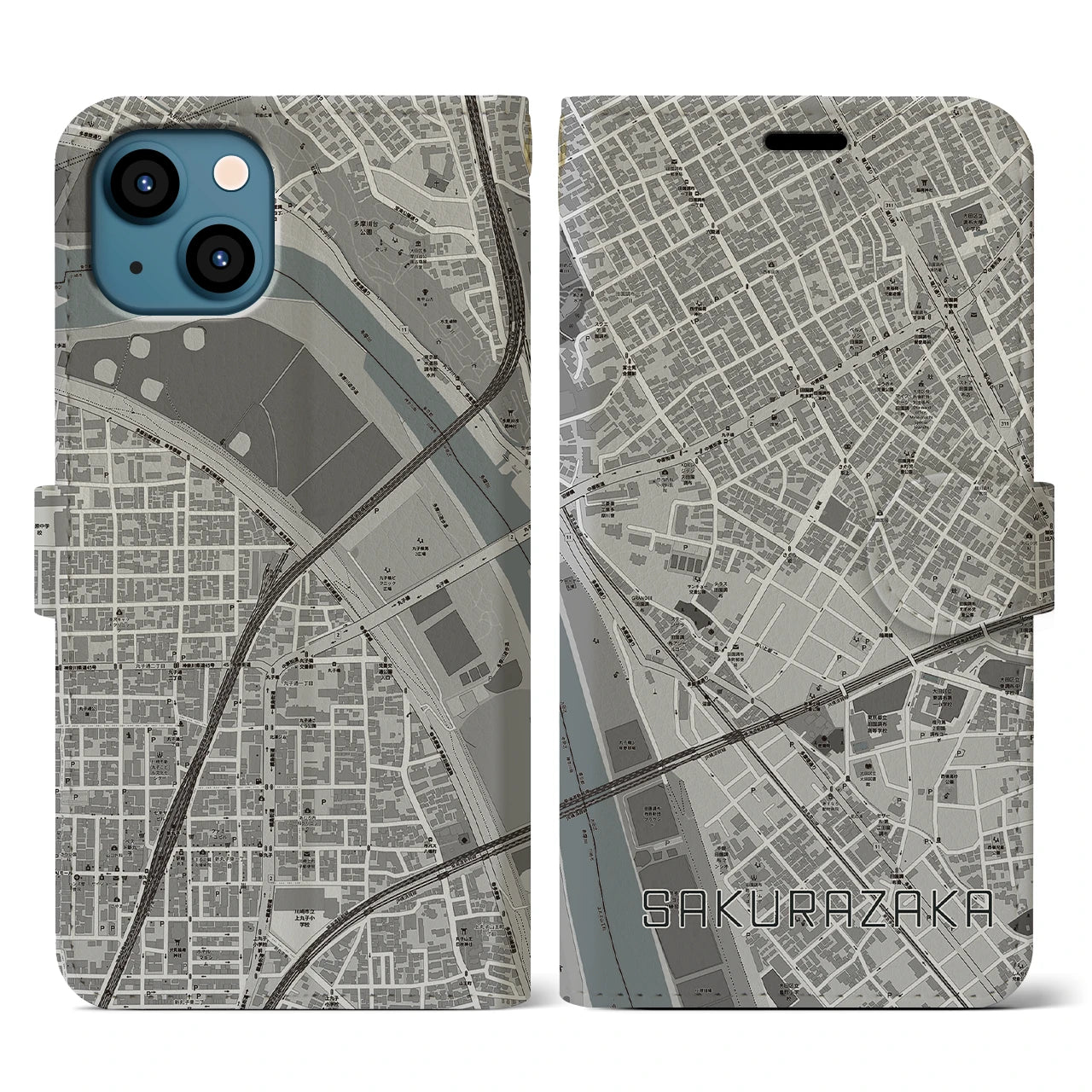 【桜坂(東京都)】地図柄iPhoneケース(手帳タイプ)モノトーン・iPhone 13 用