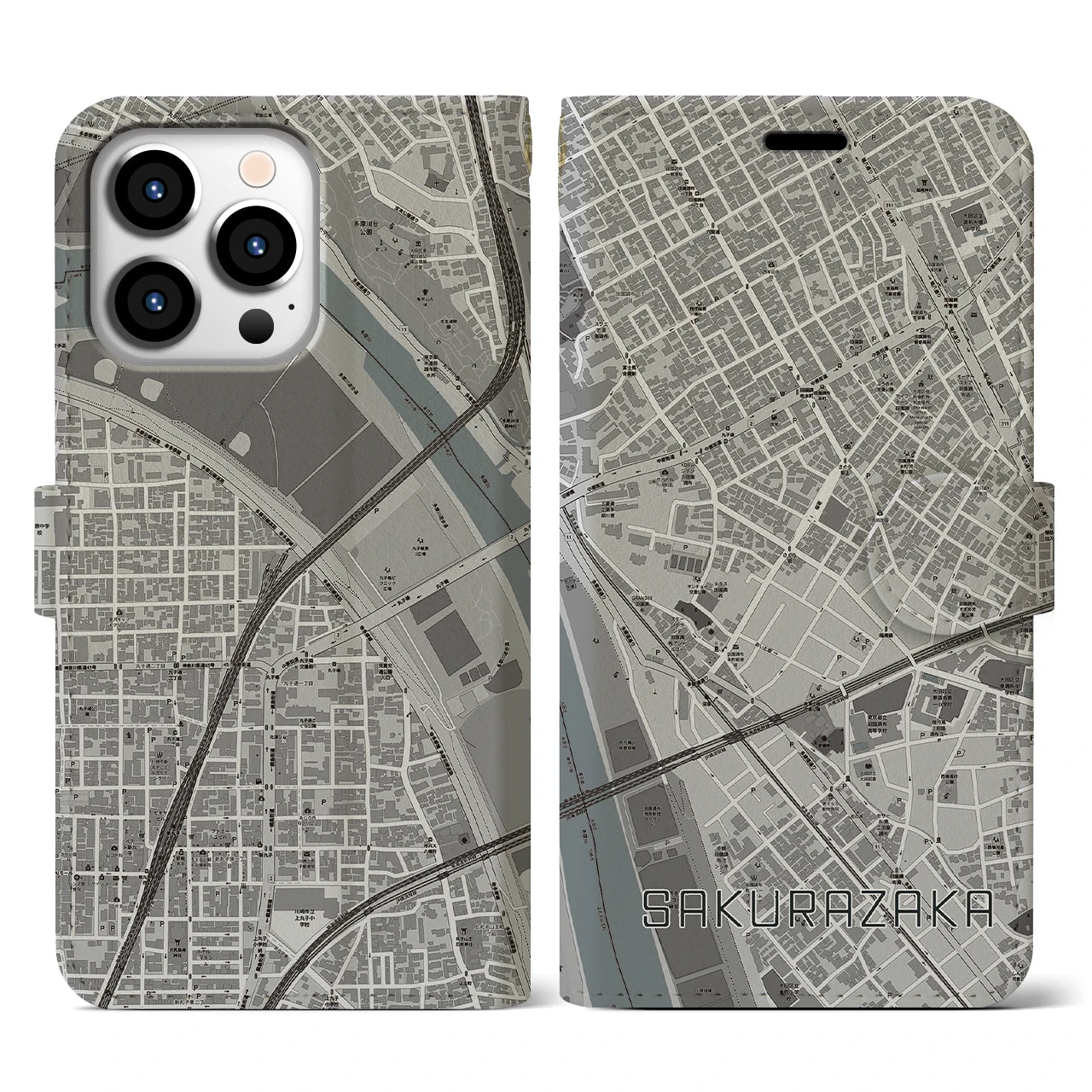 【桜坂(東京都)】地図柄iPhoneケース(手帳タイプ)モノトーン・iPhone 13 Pro 用