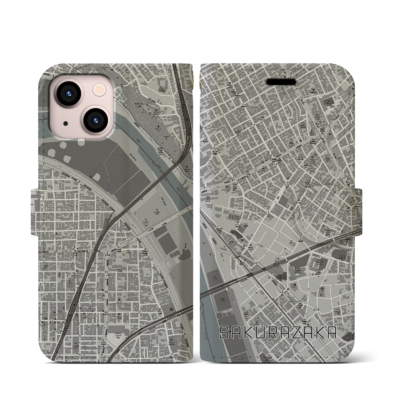 【桜坂(東京都)】地図柄iPhoneケース(手帳タイプ)モノトーン・iPhone 13 mini 用