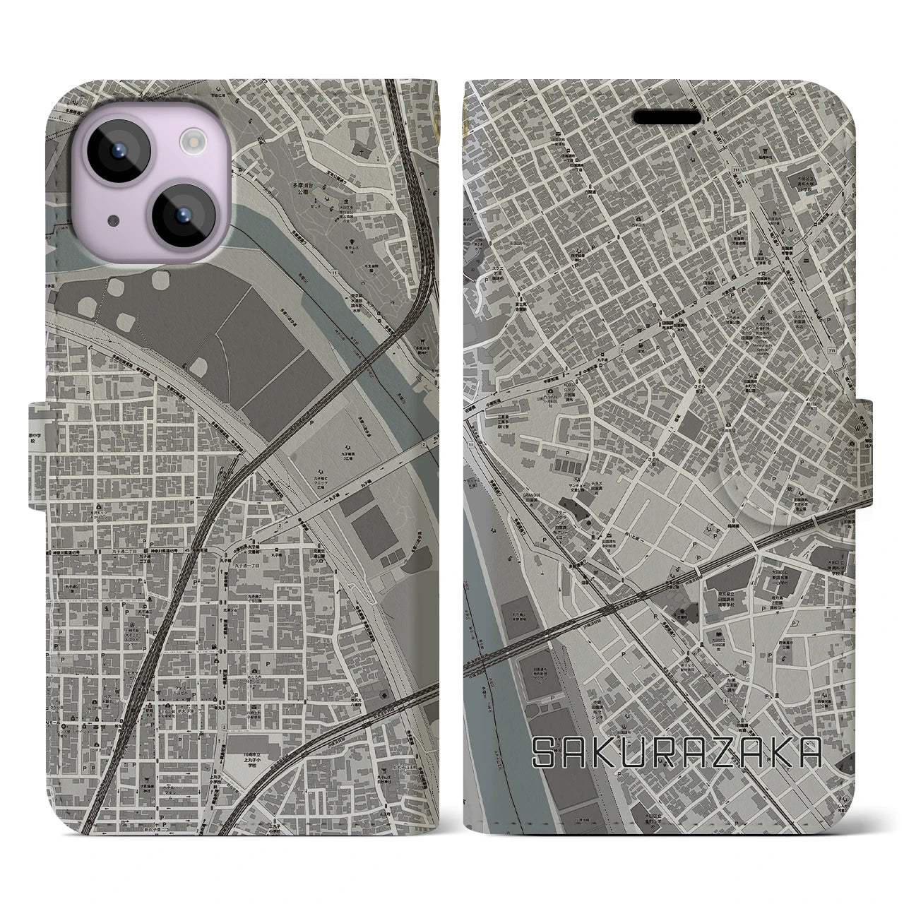 【桜坂(東京都)】地図柄iPhoneケース(手帳タイプ)モノトーン・iPhone 14 用