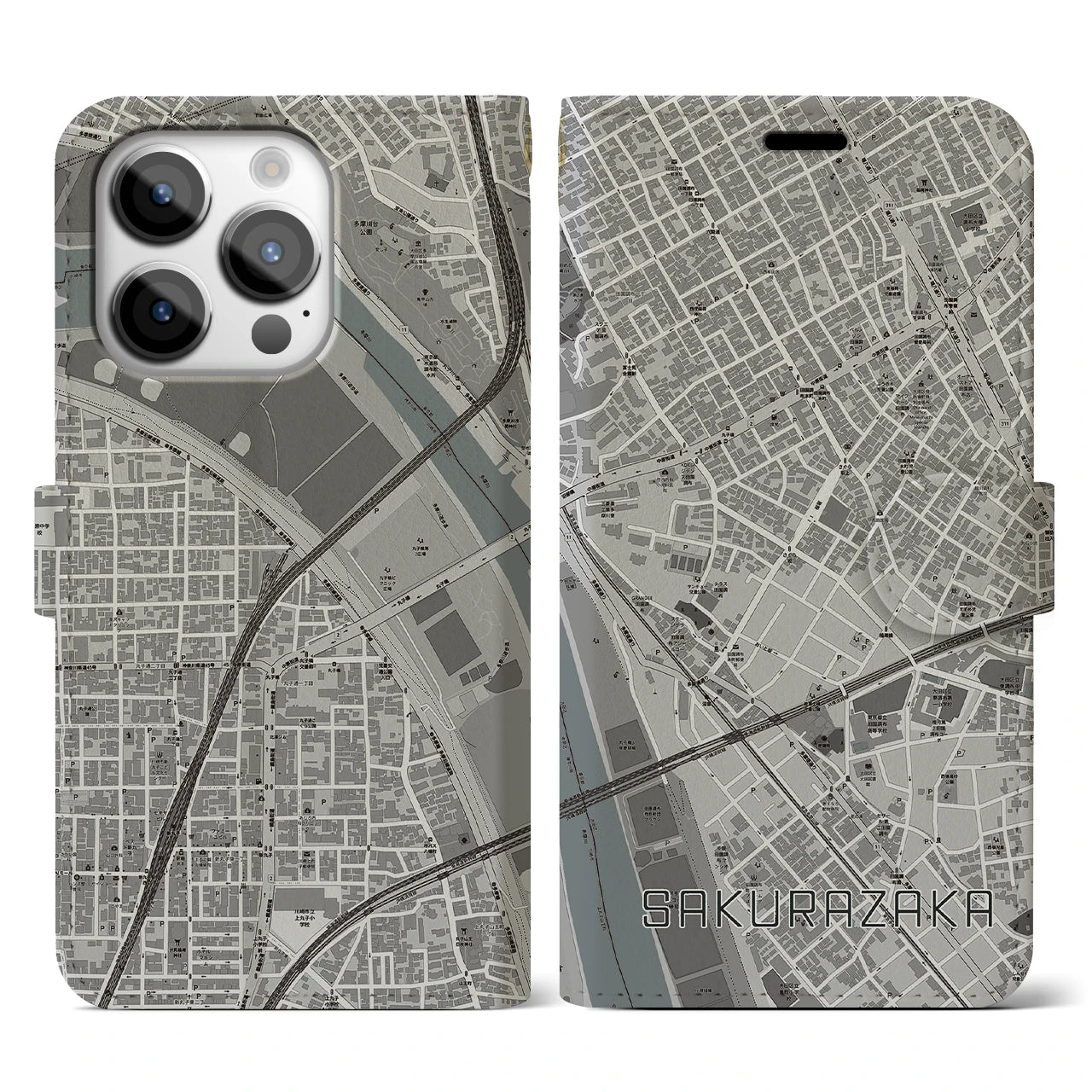 【桜坂(東京都)】地図柄iPhoneケース(手帳タイプ)モノトーン・iPhone 14 Pro 用