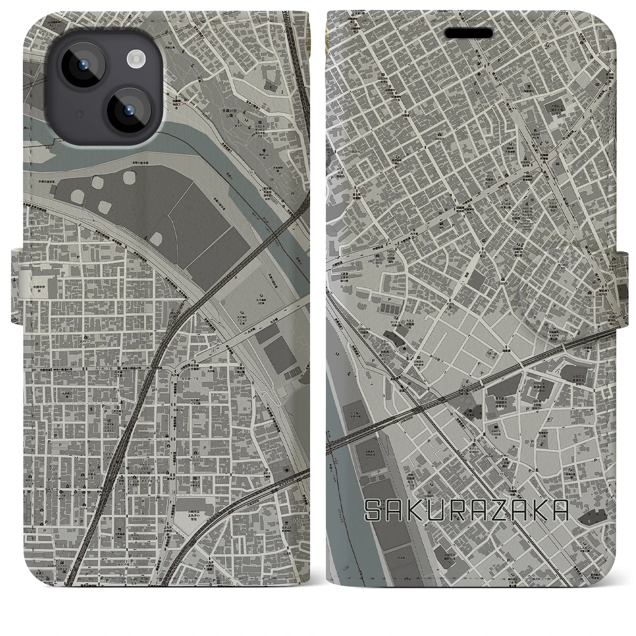 【桜坂(東京都)】地図柄iPhoneケース(手帳タイプ)モノトーン・iPhone 14 Plus 用