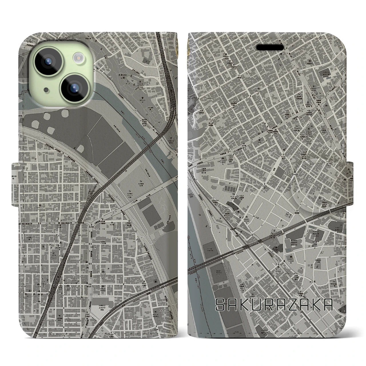 【桜坂(東京都)】地図柄iPhoneケース(手帳タイプ)モノトーン・iPhone 15 用