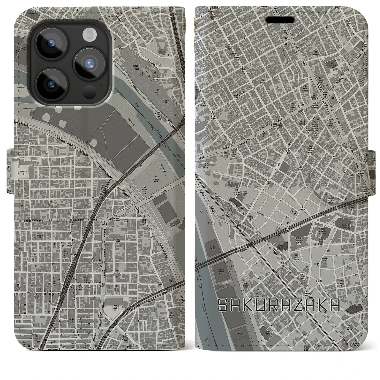 【桜坂(東京都)】地図柄iPhoneケース(手帳タイプ)モノトーン・iPhone 15 Pro Max 用