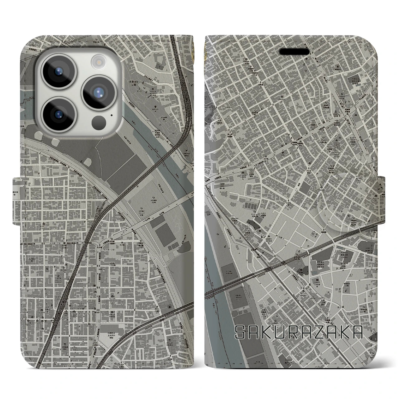 【桜坂(東京都)】地図柄iPhoneケース(手帳タイプ)モノトーン・iPhone 15 Pro 用