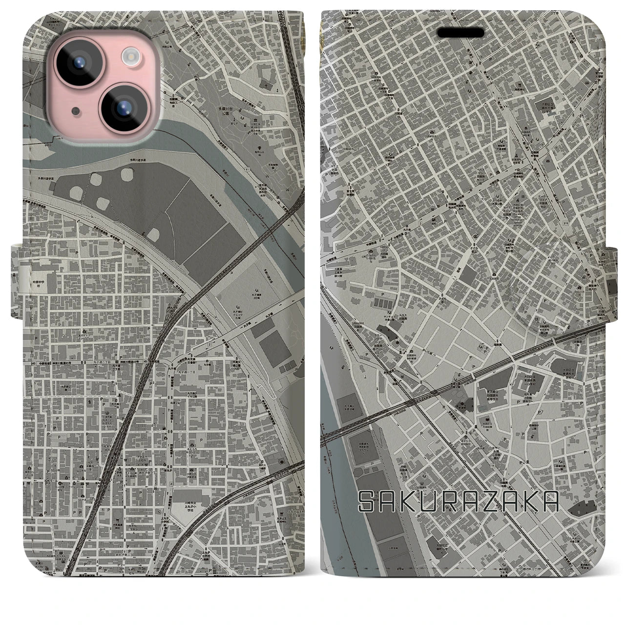 【桜坂(東京都)】地図柄iPhoneケース(手帳タイプ)モノトーン・iPhone 15 Plus 用