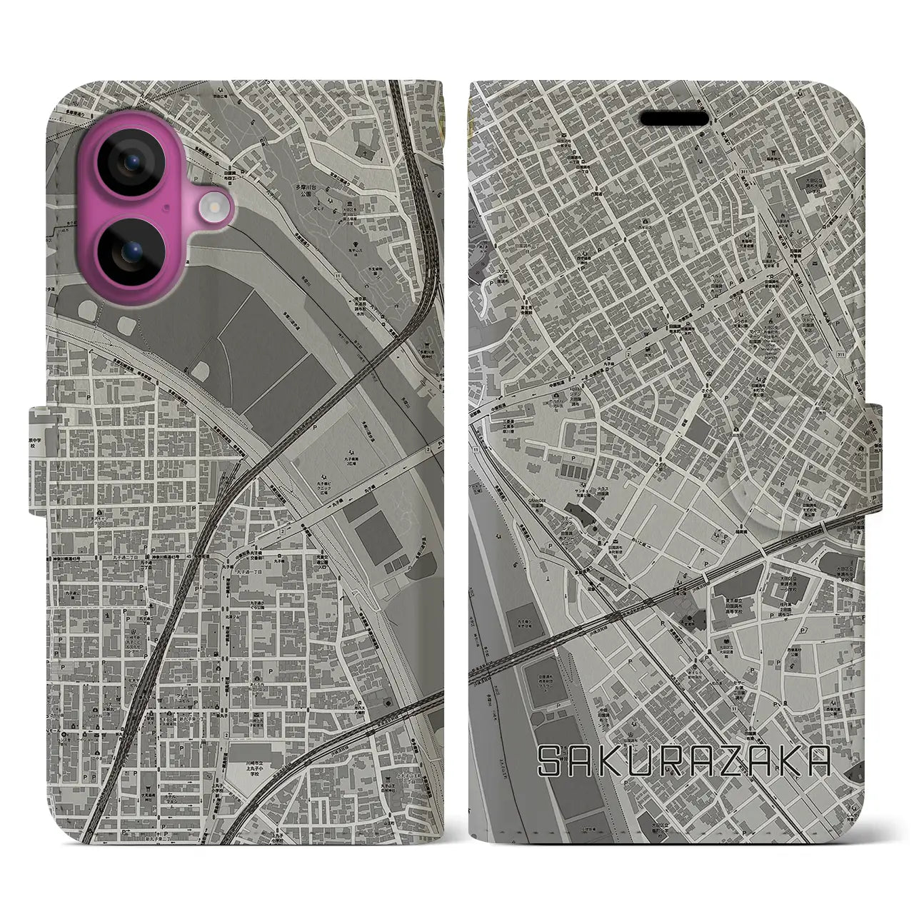 【桜坂(東京都)】地図柄iPhoneケース(手帳タイプ)モノトーン・iPhone 16 Pro 用