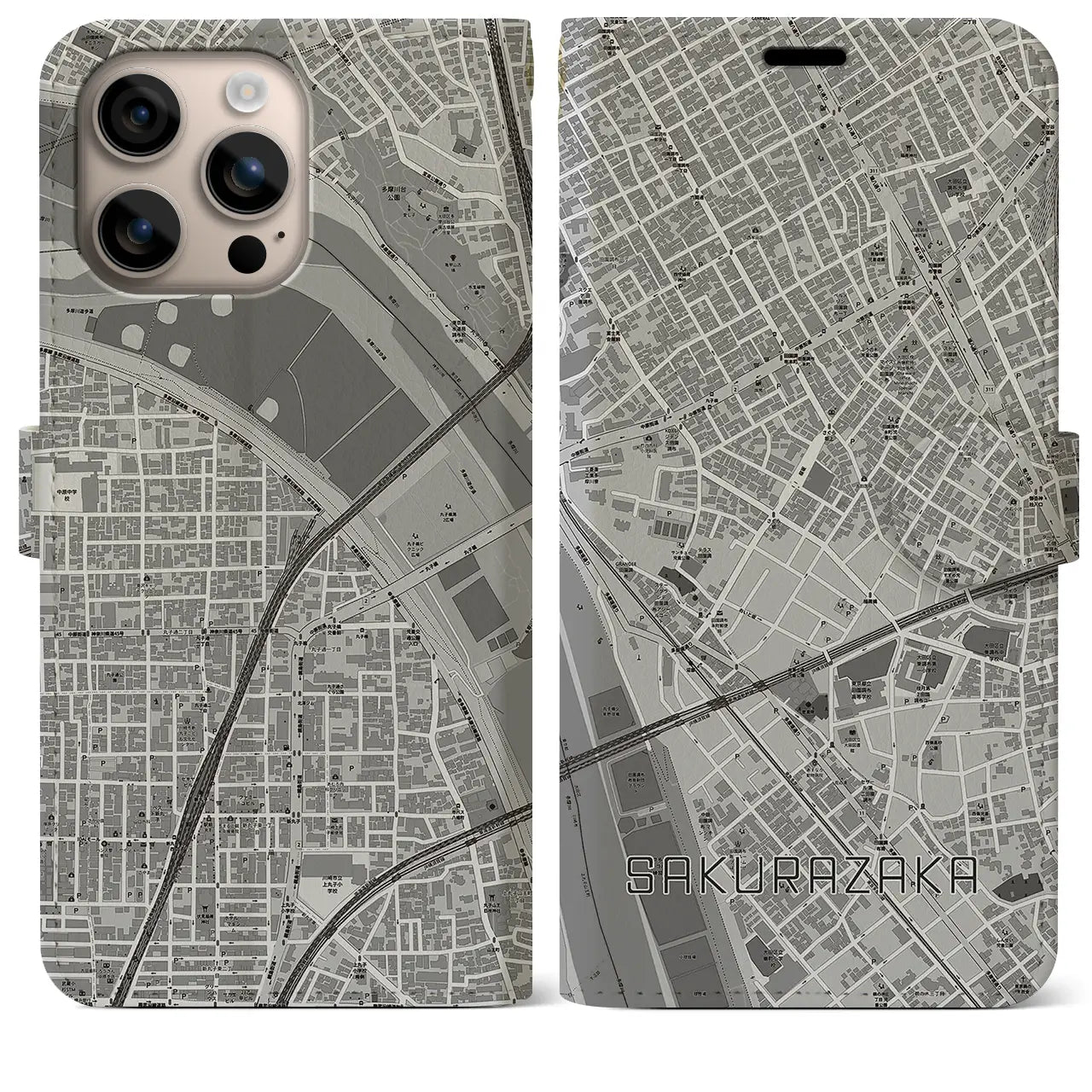 【桜坂(東京都)】地図柄iPhoneケース(手帳タイプ)モノトーン・iPhone 16 Plus 用