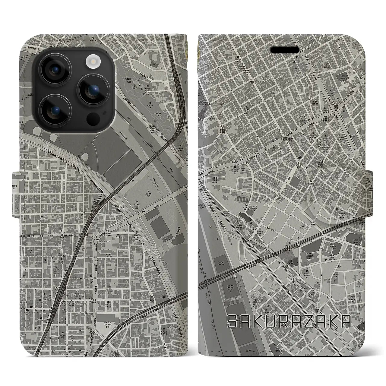 【桜坂(東京都)】地図柄iPhoneケース(手帳タイプ)モノトーン・iPhone 16 用