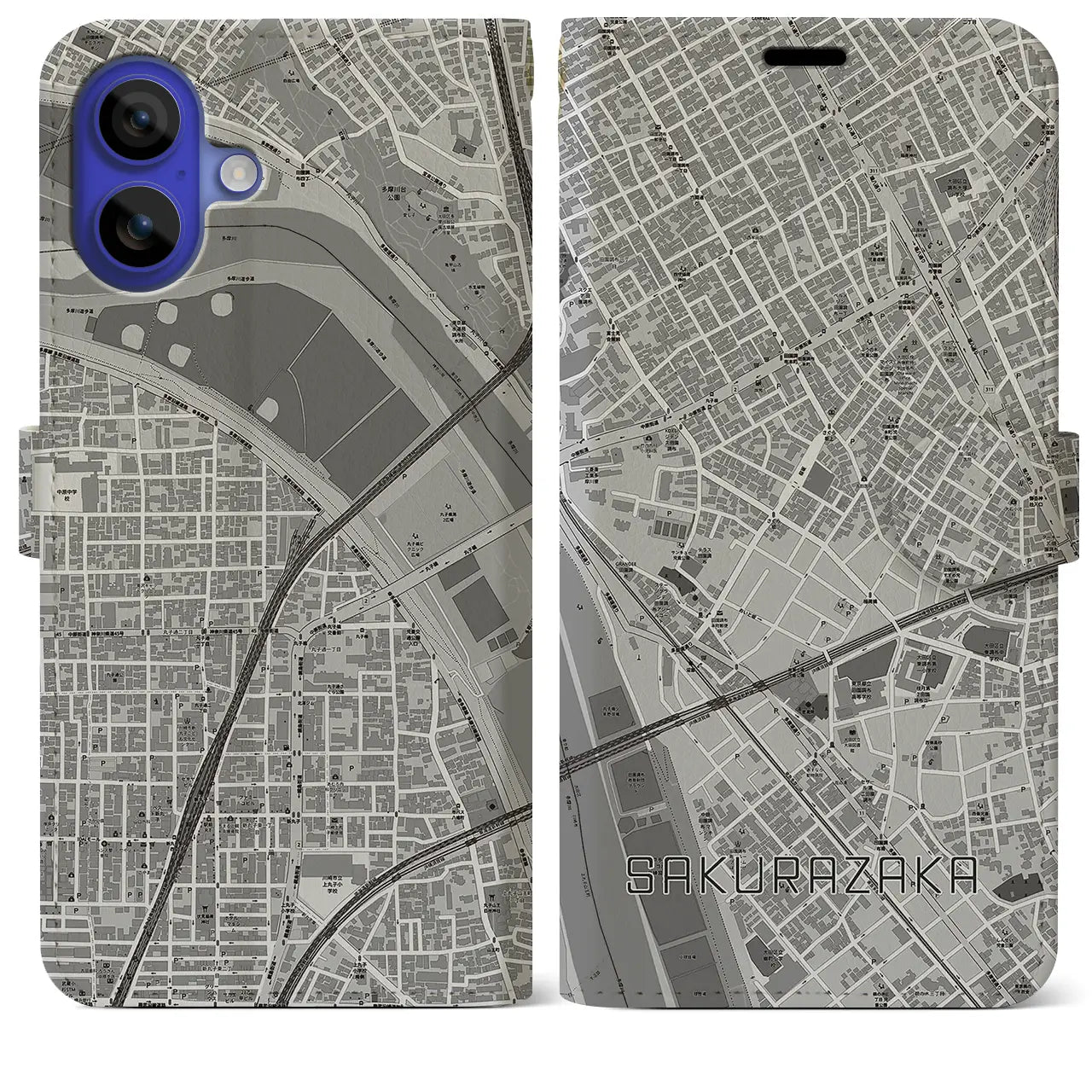 【桜坂(東京都)】地図柄iPhoneケース(手帳タイプ)モノトーン・iPhone 16 Pro Max 用