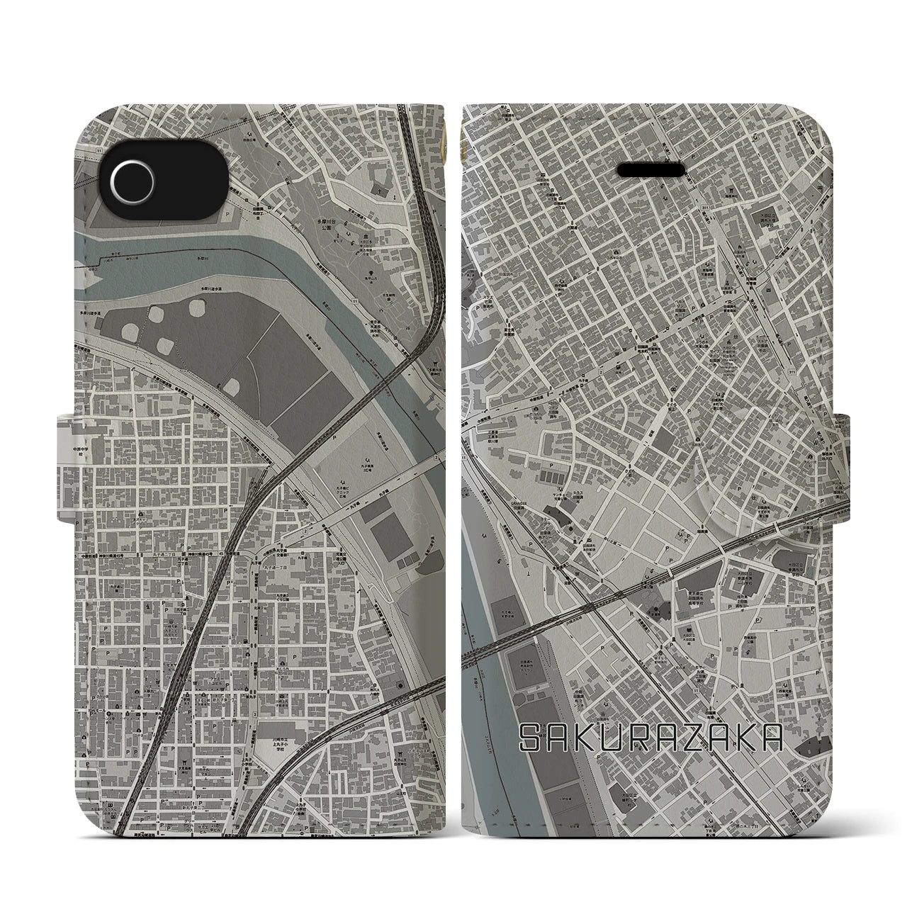 【桜坂(東京都)】地図柄iPhoneケース(手帳タイプ)モノトーン・iPhone SE(第3 / 第2世代) / 8 / 7 / 6s / 6 用