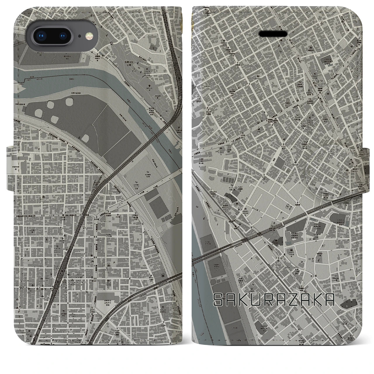 【桜坂(東京都)】地図柄iPhoneケース(手帳タイプ)モノトーン・iPhone 8Plus /7Plus / 6sPlus / 6Plus 用