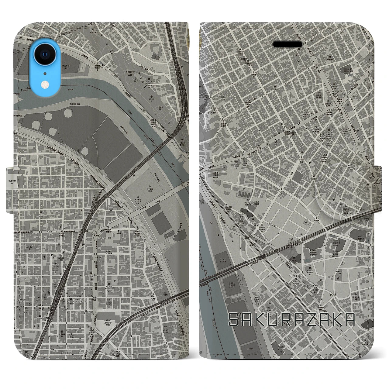 【桜坂(東京都)】地図柄iPhoneケース(手帳タイプ)モノトーン・iPhone XR 用