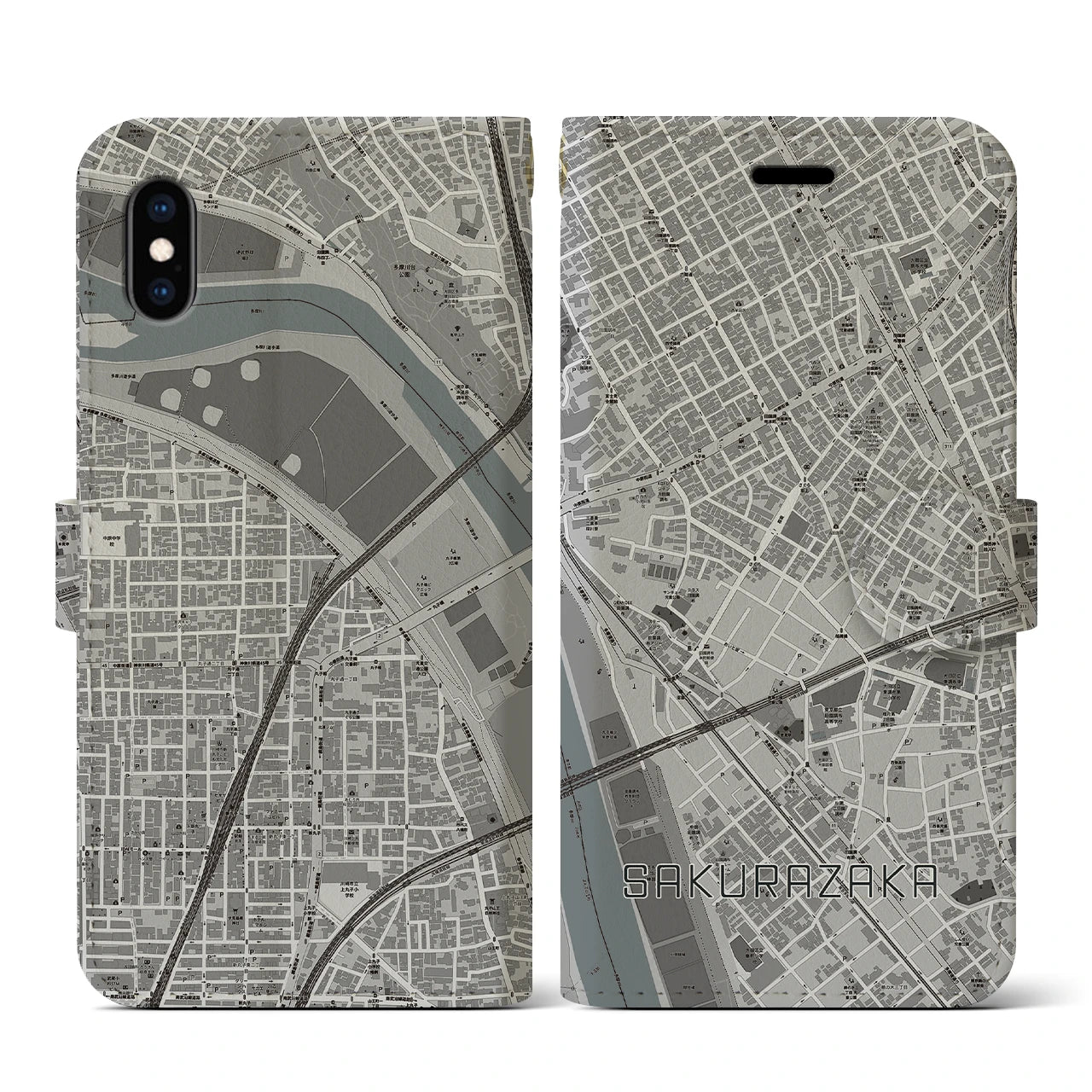 【桜坂(東京都)】地図柄iPhoneケース(手帳タイプ)モノトーン・iPhone XS / X 用