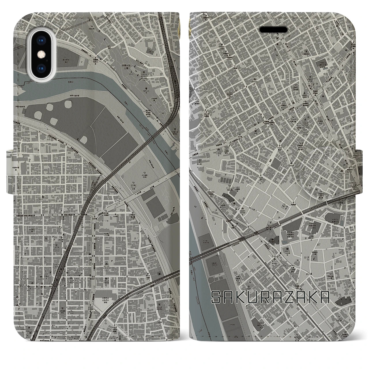 【桜坂(東京都)】地図柄iPhoneケース(手帳タイプ)モノトーン・iPhone XS Max 用