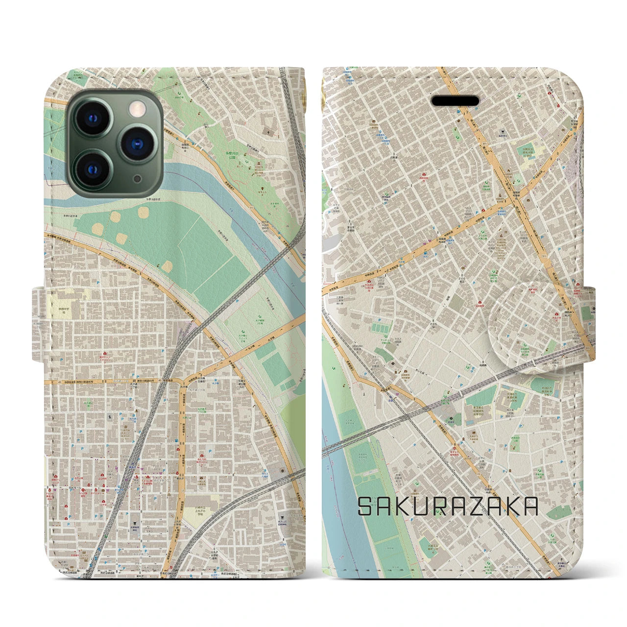 【桜坂(東京都)】地図柄iPhoneケース(手帳タイプ)ナチュラル・iPhone 11 Pro 用