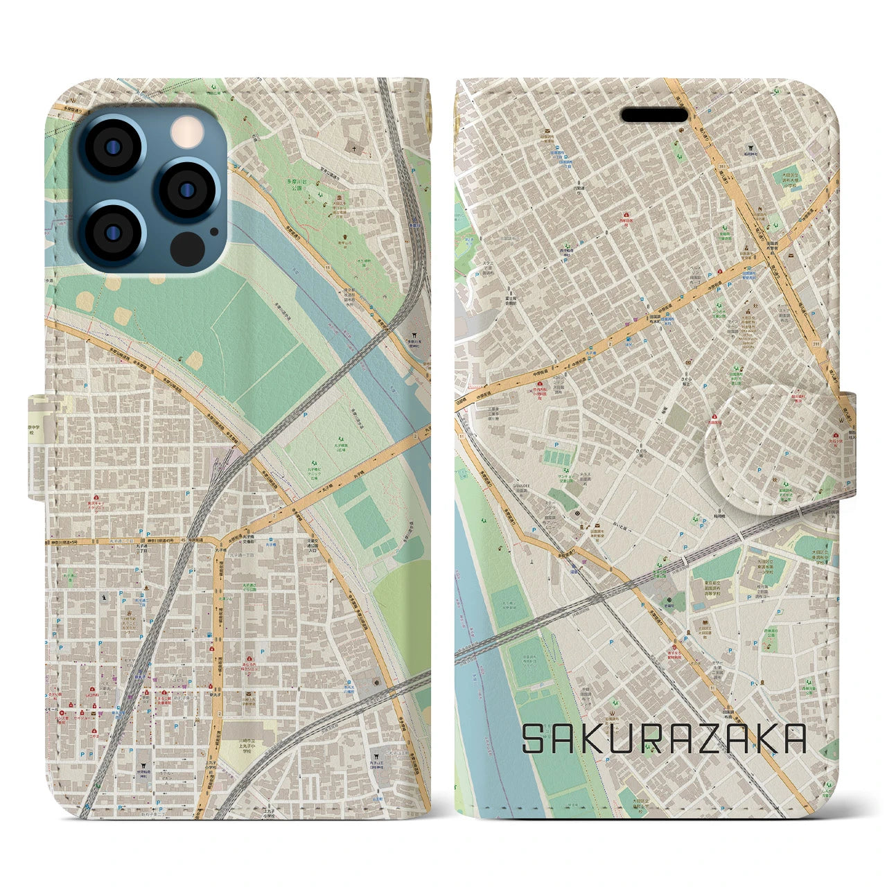 【桜坂(東京都)】地図柄iPhoneケース(手帳タイプ)ナチュラル・iPhone 12 / 12 Pro 用