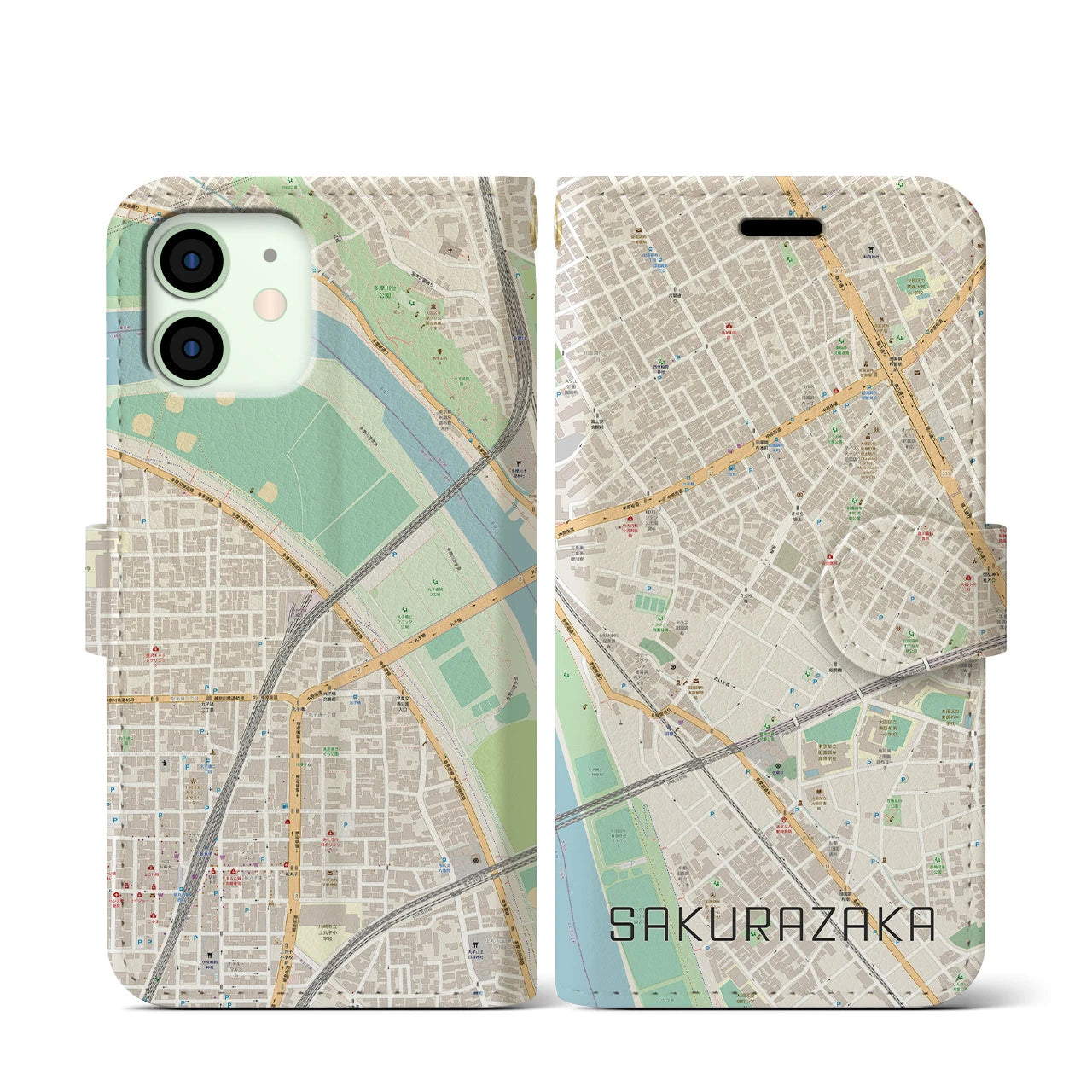 【桜坂(東京都)】地図柄iPhoneケース(手帳タイプ)ナチュラル・iPhone 12 mini 用