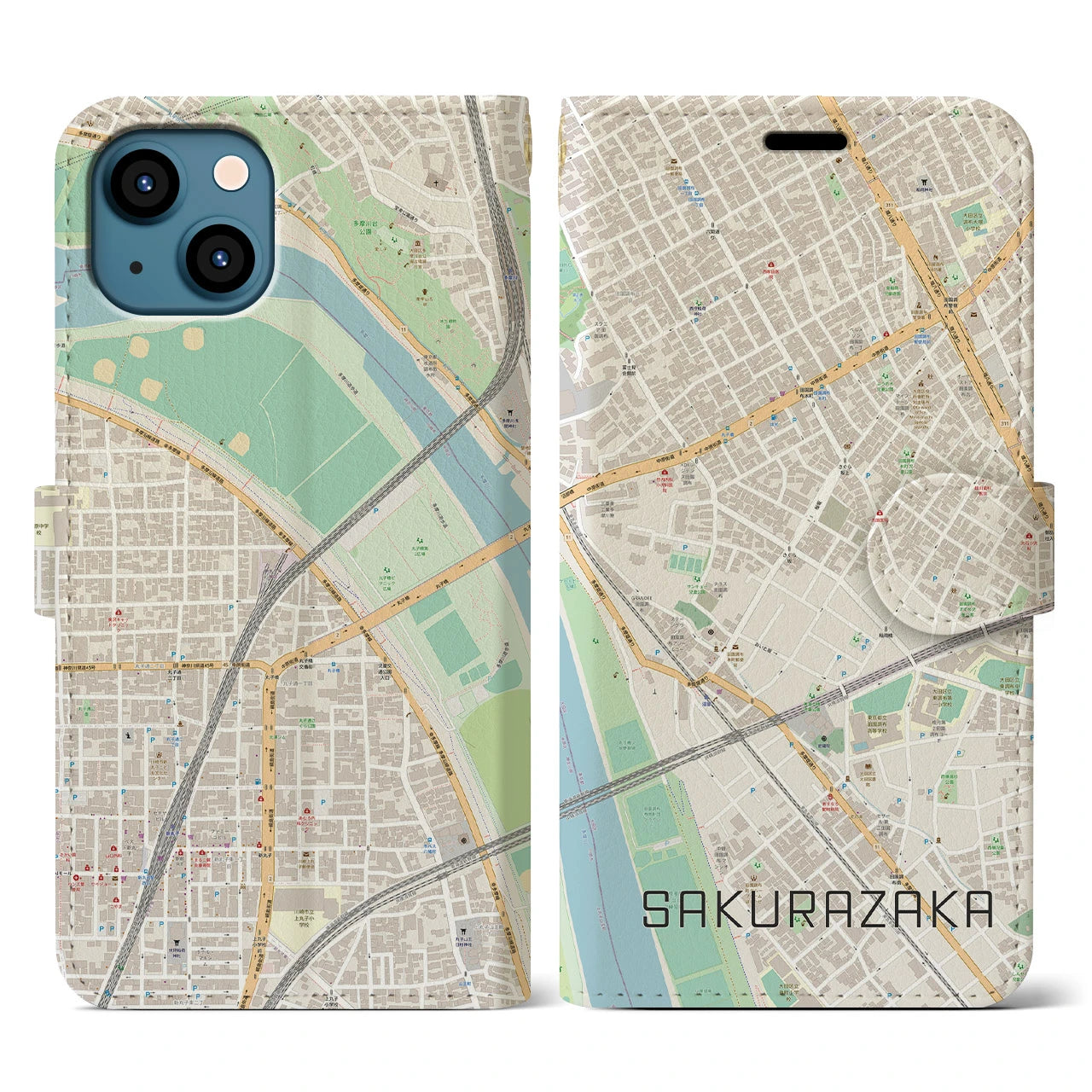 【桜坂(東京都)】地図柄iPhoneケース(手帳タイプ)ナチュラル・iPhone 13 用