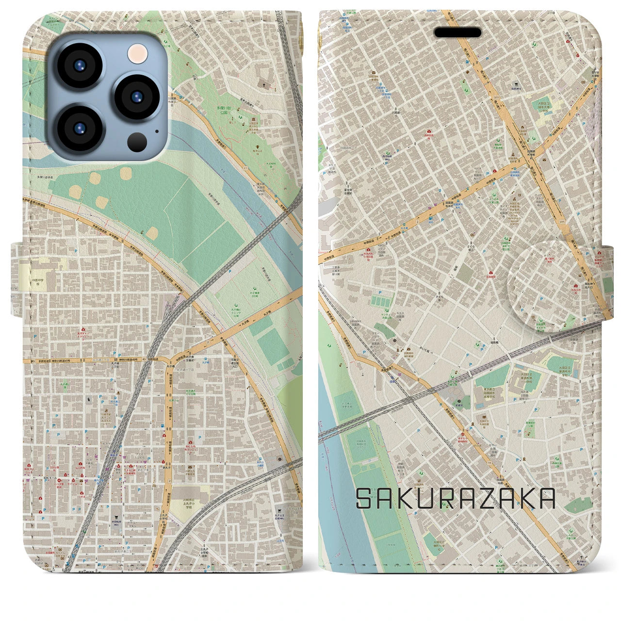 【桜坂(東京都)】地図柄iPhoneケース(手帳タイプ)ナチュラル・iPhone 13 Pro Max 用