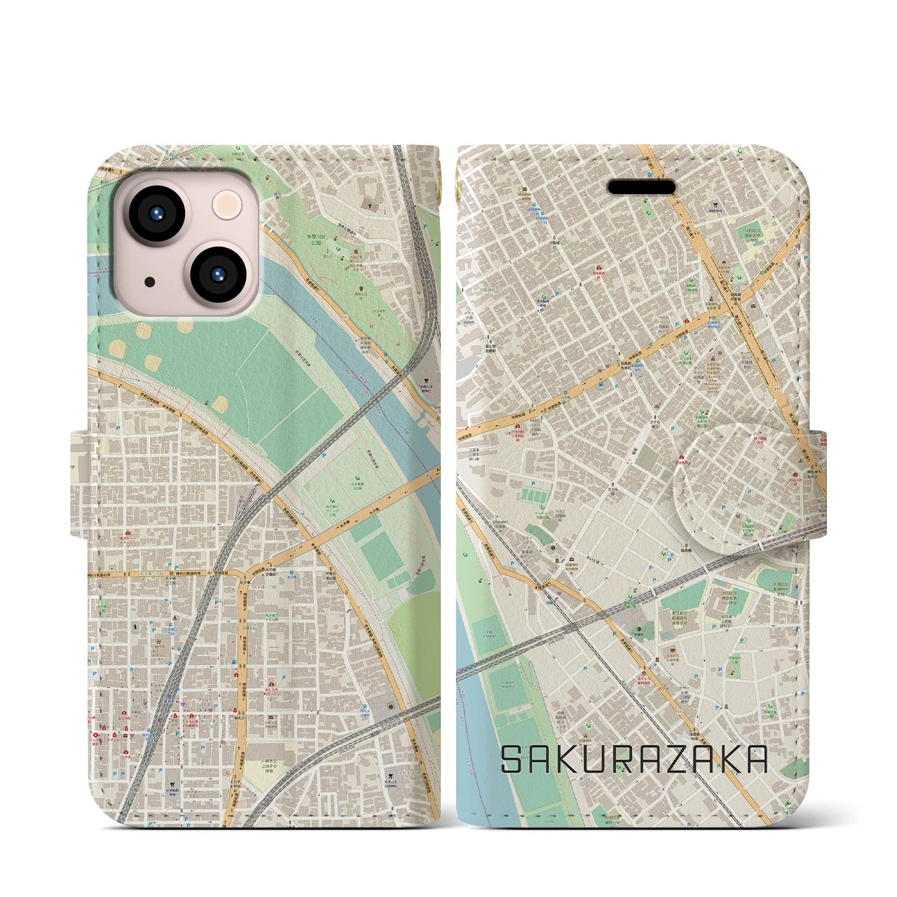 【桜坂(東京都)】地図柄iPhoneケース(手帳タイプ)ナチュラル・iPhone 13 mini 用